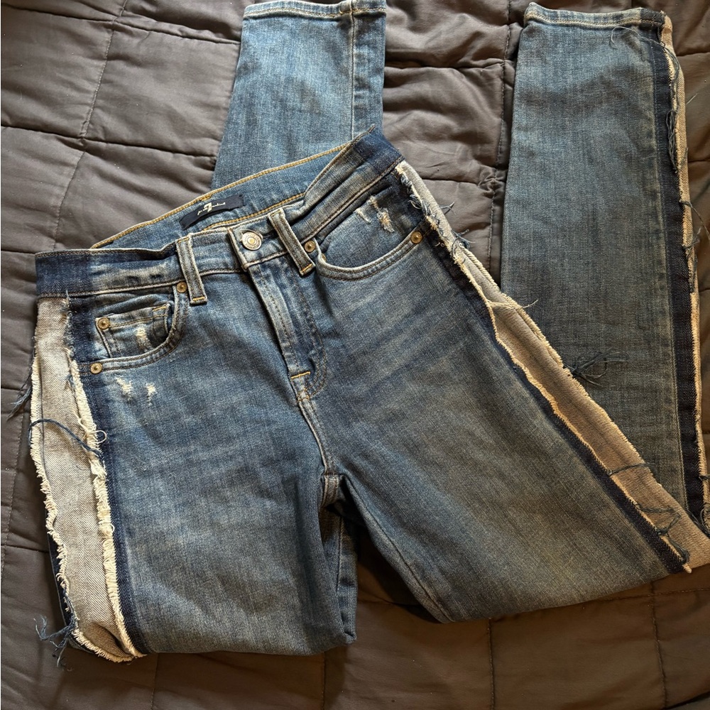 7 For All Mankind Blue Distressed Skinny Jeans